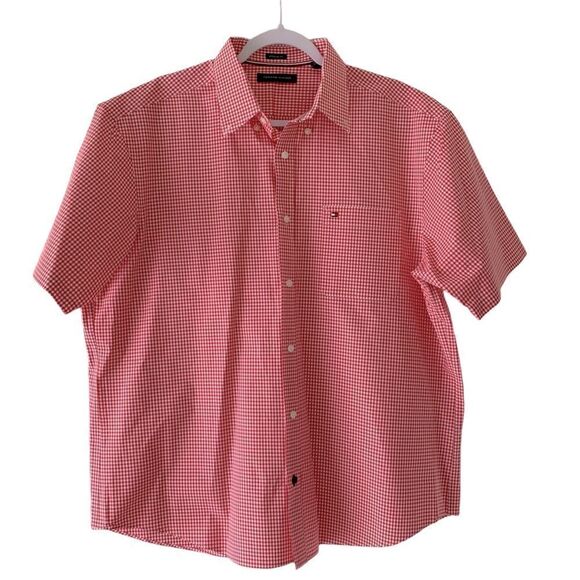 Tommy Hilfiger Men’s Short Sleeve Button Down Cotton Red White Shirt Size 17 XL - Picture 2 of 9